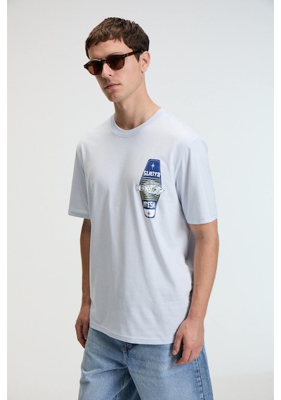 Grımelange SAVOR Erkek Oversize %100 Pamuk Baskılı Yuvarlak Yaka Mavi T-Shirt