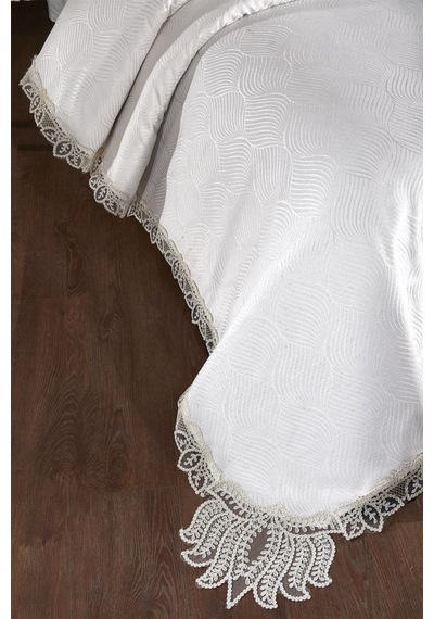 Çeyiz Diyarı Fransız Dantelli Velmora Çift Kişilik Yatak Örtüsü 230x250 Cm Krem