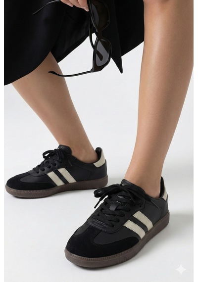 N Moda Unisex Siyah Beyaz Termo Taban Yanı Şeritli Bağcıklı Spor Ayakkabı