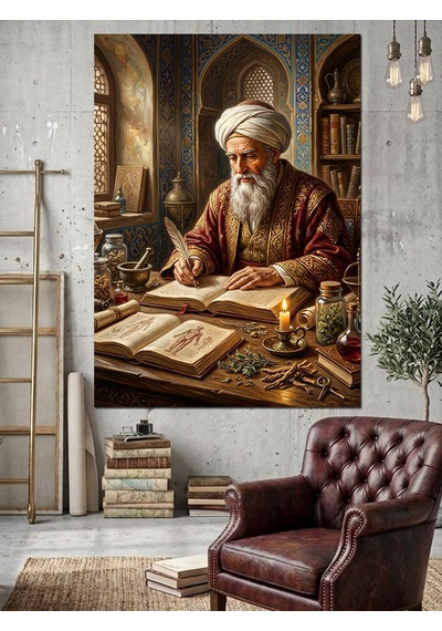 Kitap Yazarken Sarıklı Yaşlı Alim Dekoratif Kanvas - Mdf Ahşap Tablo Çok Renkli