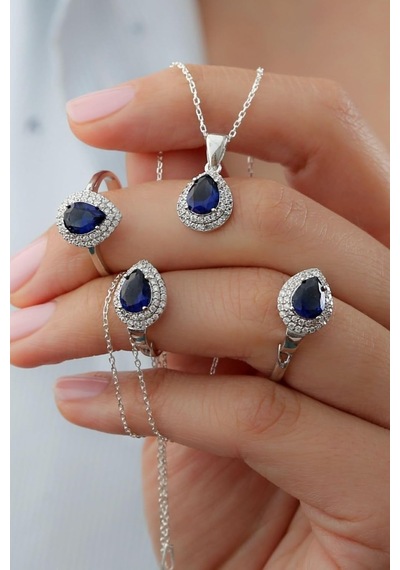 Tr 925 Ayar Gümüş Mavi Taşlı Takı Seti, Kadın, Kolye, Bileklik, Küpe, Yüzük Genel