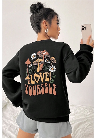 Uyguntarz Unisex Sevimli Kedi Baskılı Bisiklet Yaka Sweatshirt Siyah56