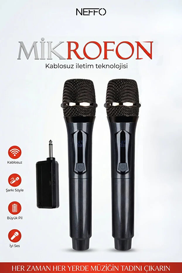 Çiftli Kablosuz Mikrofon Seti Şarj Edilebilir Karaoke Mikrofonu, 50 Metre Mesafe
