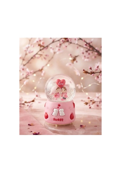 Sweet Love Koyu Pembe Kalpli Tavşanlı Işıklı & Müzikli Kar Küresi