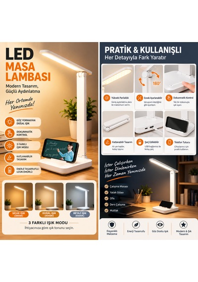 Şarj Edilebilir Katlanabilir Led Masa Lambası - 3 Işık Modlu Dokunmatik & Telefon Standlı Okuma Lambası Beyaz