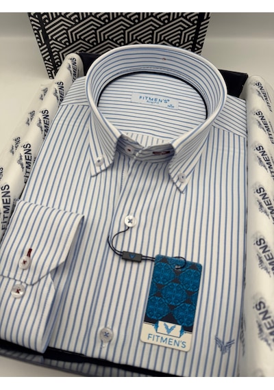 Slim Fit Uzun Kol Premium Çizgili Yaka Düğmeli Hediye Kutulu Erkek Gömlek Fs-004440 - Açık Mavi-3183 Açik Mavi