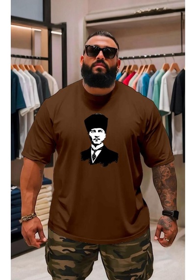 Atatürk Baskılı Oversize Unisex Tişört Kahverengi