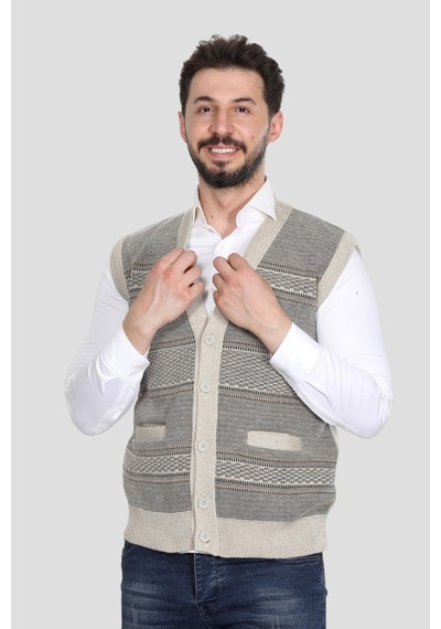 Kzc Tekstil Erkek Baba Orta Yaş Ve Üzeri Triko Örgü Akrilik Kışlık Kalın Dokulu Düğmeli Cepli Baba Yelek Bej