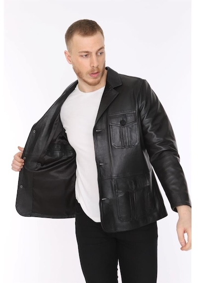 Hakiki Deri Siyah Blazer Cepli Erkek Deri Ceket Siyah