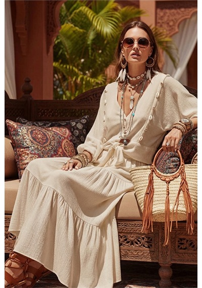 Fashion Cocktail Midye İstiridye Deniz Kabuğu V-yaka Bağlamalı Crop Dizaltı Lastikli Etek Bluz Sahil 2li Bohem Takım Açık Bej Fashion Cocktail Midye İstiridye Deniz Kabuğu V-yaka Bağlamalı Crop Dizaltı Lastikli Etek Bluz Sahil 2li Bohem Takım Açık Bej