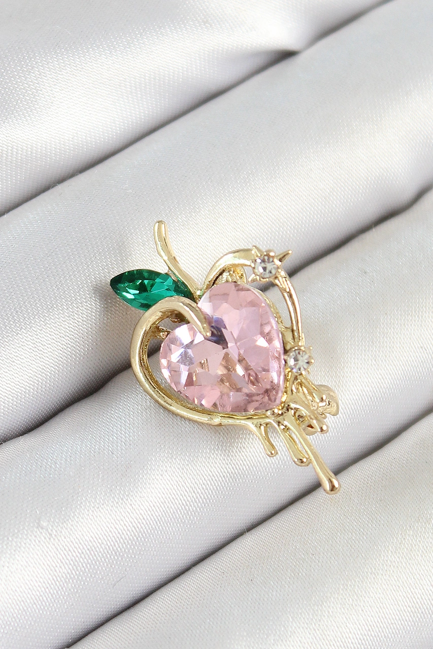 Pembe-yeşil Zirkon Taşlı Eriyen Kalp Figürlü Gold Renk Kadın Broş Renkli