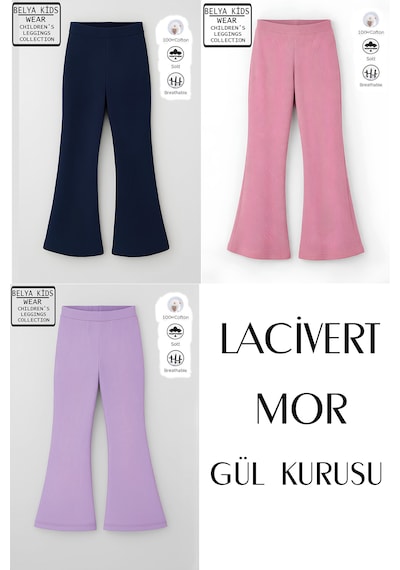 Belyakidswear 3 Lü Paket Pamuğa Pamuk Kız Çocuk Fitilli Tayt Lacivert,mor,gül Kurusu