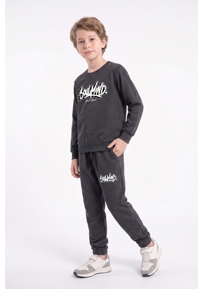 Panios Kids Erkek Çocuk Baskılı Bisiklet Yaka Çift Cepli Eşofman Takımı Füme