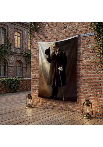 Bastonlu Atatürk Portresi Poster Bayrak Raşel Kumaş 100x150 Cm Ata78 Diğer
