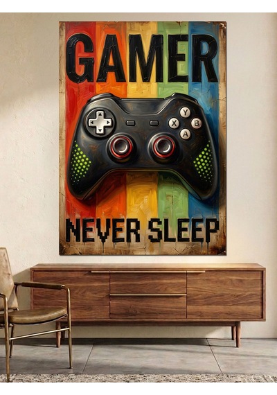 Gökkuşağı Gamer Asla Uyumaz Poster Dekoratif Kanvas - Mdf Ahşap Tablo Çok Renkli