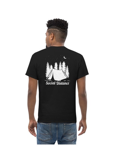 Wildstyle Social Distance Kamp Çadır Orman Doğa Sessizlik Baskılı Unisex Pamuklu Tişört Siyah