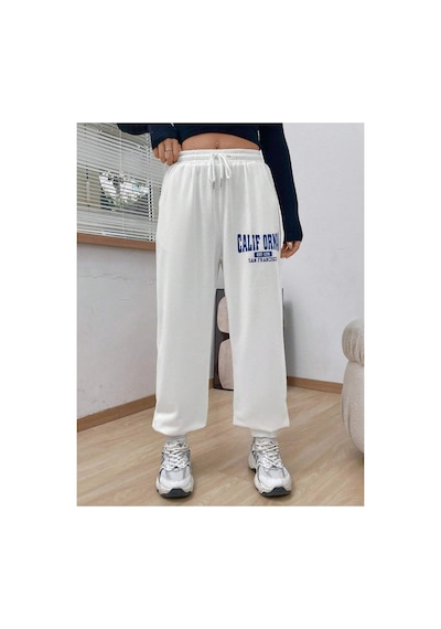 Tarzsokak Letter Graphic Drawstring Waist Slant Pocket 4 Mevsim Eşofman Beyaz Tarzsokak Letter Graphic Drawstring Waist Slant Pocket 4 Mevsim Eşofman Beyaz