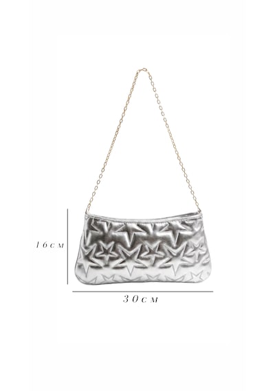 Esvelans Yıldız Desenli Zincir Askılı Portföy El Kol Ve Omuz Çantası Astarlı Clutch Çanta Gümüş