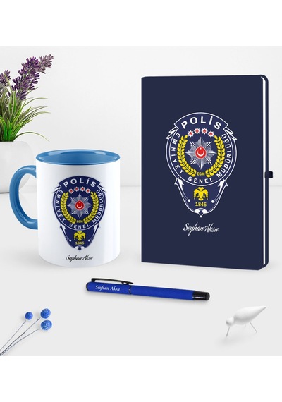 Kişiye Özel Polis Temalı Lacivert Defter Kalem Kupa Seti - 2 Lacivert