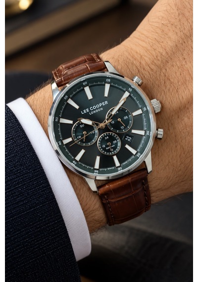 Lee Cooper Kahverengi Deri Kayış Yeşil Kadran 40 Mm Yuvarlak Erkek Kol Saati, Bileklik Hediyeli Gümüş