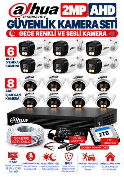 14'lü 2mp Ahd Full Color Renkli Gece Görüş Sesli Kamera Seti 8 İç - 6 Dış Mekan Kamera