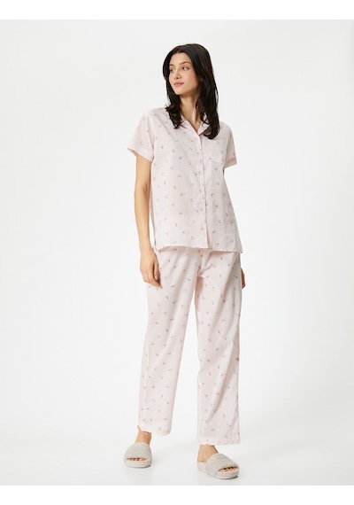 Koton Düğmeli Pijama Üstü Çiçekli Kısa Kollu Cepli Pembe Desenli 4slk50032mw Pembe Desenli Pembe