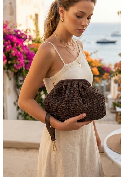 Vivazzaluxe Vintage Model Örme Hasır Kadın Portföy Clutch Çanta Acı Kahverengi