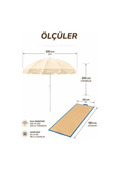 Krem 2 Metre 10 Telli Plaj - Bahçe Şemsiyesi Ve Hasır Mat Bej
