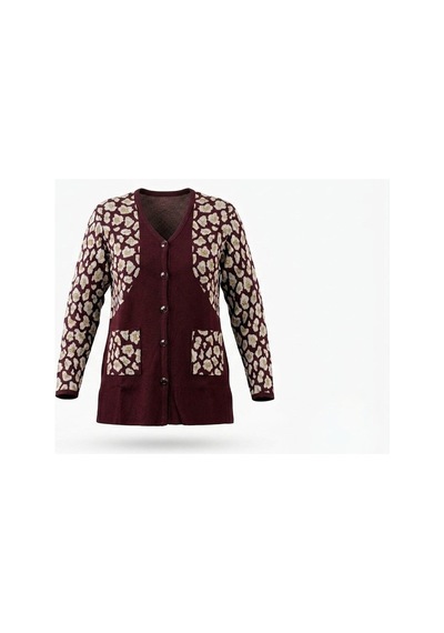 Onno Style Women Simli Leopar Desen Klasik Düğmeli Ceket Bordo