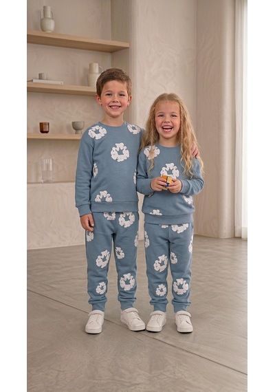 Mavi Boncukk Kız Erkek Çocuk Unisex Çiçek Desenli Sweatshirt Ve Eşofman Altı 2 Li Takım Mavi Gri