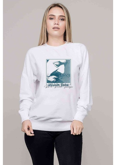 Müslüm Baba Birde Benden Dinleyin Baskılı Beyaz Kadın Sweatshirt
