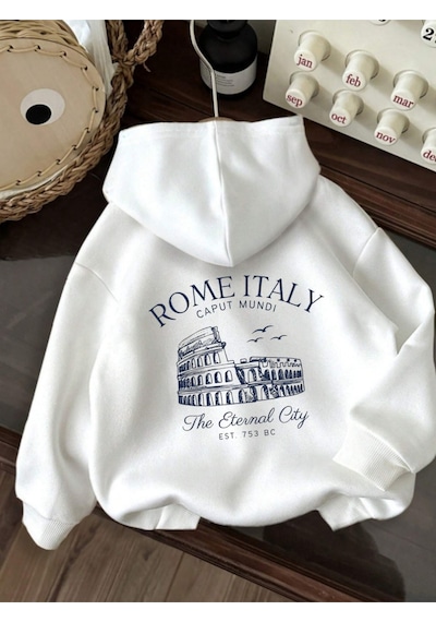 Uyguntarz Unisex Rome Italy Baskılı Oversize Sweatshirt beyaz