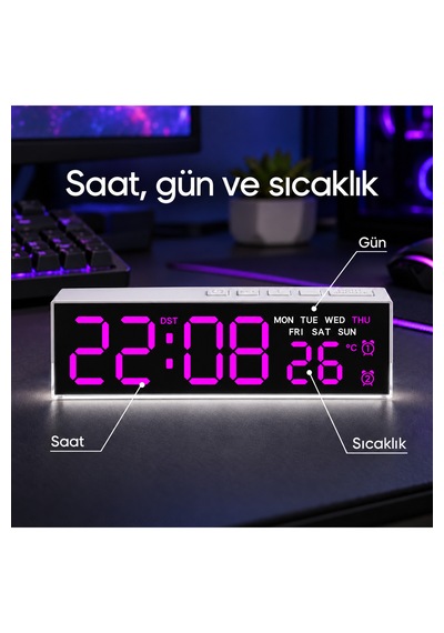 Akıllı Led Dijital Masa Saati Mor Renk