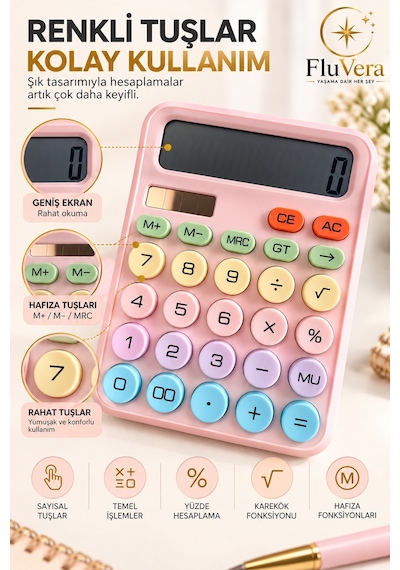 Pastel Pembe Renkli Hesap Makinesi Güneş Enerjili Ve Pilli Büyük Ekranlı Masaüstü Hesap Makinesi Ofis Okul Ev Kullanım Diğer