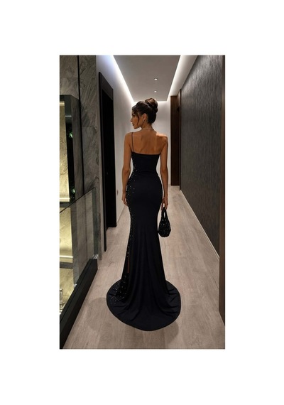Lior Design Kadın Yeni Sezon Tek Omuz Taş Detaylı Abiye Elbise Siyah