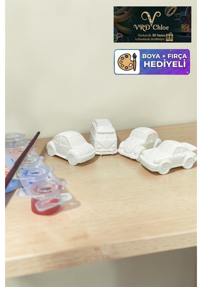 4'lü Klasik Vosvos Porş Araba Boyama Seti - Plastik Eğitici Figür Boya + Fırça Hediyeli