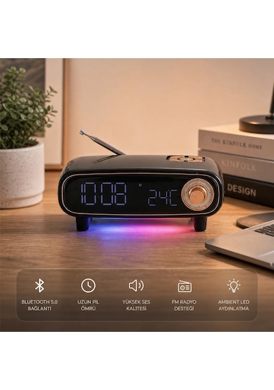 Buffer Retro Bluetooth Hoparlör, Fm Radyo, Led Işıklı Dijital Masa Saati Ve Termometre, Çok Fonksiyonlu Kablosuz Masa Ü