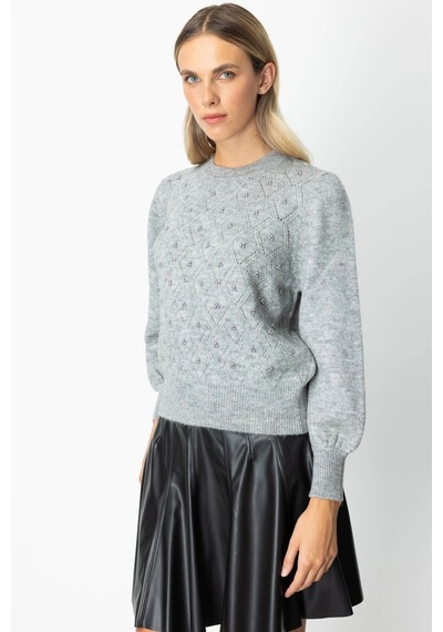 On Fashion Kadın İncili Baklava Desenli Gri Kazak 63316 Gri