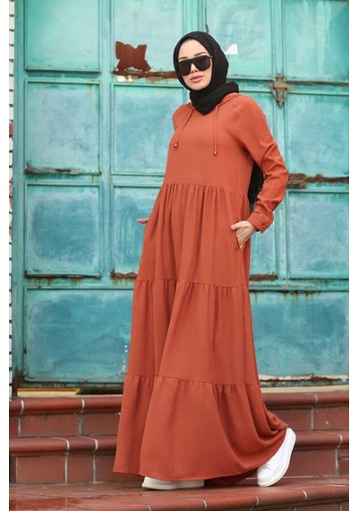 Neways 6531-Krep Kapüşonlu Reglan Kollu Elbise Taba