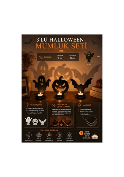 Arliadesign Halloween Ahşap Mumluk Seti / Hayalet, Balkabağı Ve Yarasa Dekoratif Tealight Mumluk 13x 15 Cm 3 Mm Siyah Mdf