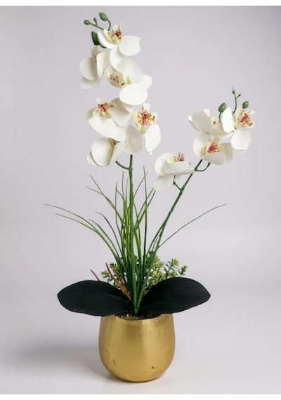 Yapay Çiçek Beyaz Islak Orkide Gold Metal Saksıda Saksıda Orkide 50cm
