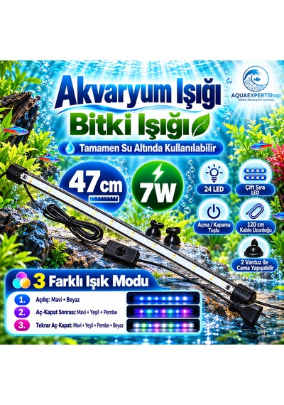 Akvaryum Işığı - Balık Işığı - Bitki Işığı - 47 Cm - 24 Led - Tamamen Su İçinde Kullanılabilir - 3 Modlu - 7w - Mükemmel Işık