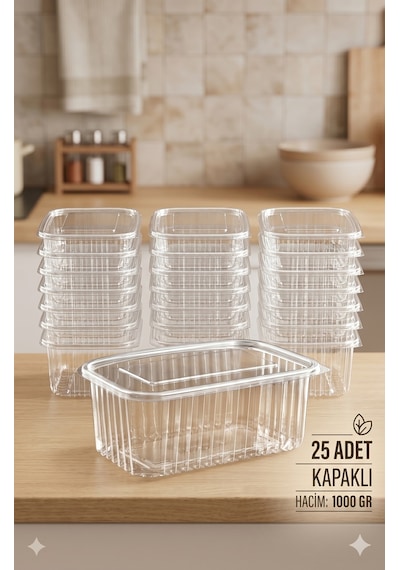 Plastik Saklama Kabı 1000 Gr 25 Adet Plastik Kapaklı Kase Sızdırmaz Kap Şeffaf Kullan At Kase