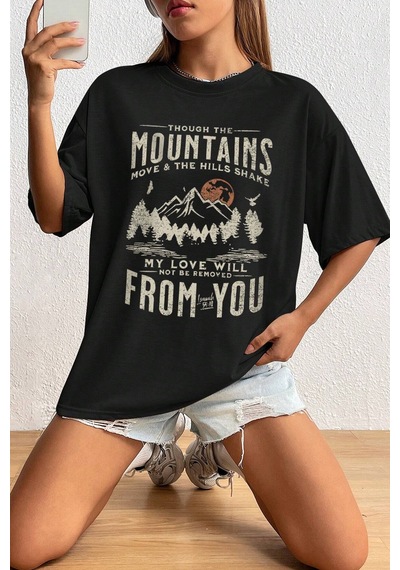 Unisex Mountains Baskılı Tasarım Tshirt Siyah