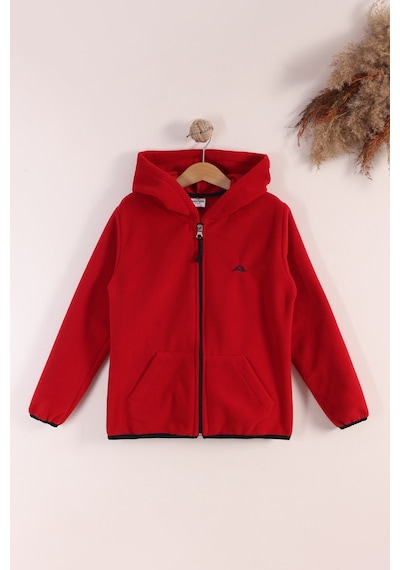 Monox Lastik Manşetli Fermuarlı Kapüşonlu Çocuk Unisex Polar Ceket Kırmızı