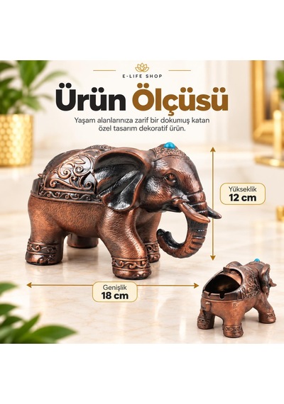 Lüks Alaşım Metal Fil Figürlü Kapaklı Dekoratif Küllük Ve Takı Saklama Kutusu Metal Biblo 18 X 12 Cm