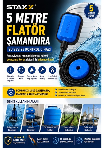 Staxx Stxflt5 5 Metre Flatör Şamandıra Su Seviye Kontrol Cihazı Dalgıç Pompa Ve Hidrofor Uyum Şalter