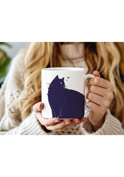Siyah Kedi Ailesi Tasarım Kupa Bardak - Minimal Kedi Figürlü Hediye Bardak Beyaz