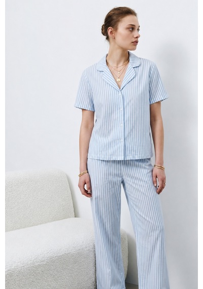 V Yaka Kapama Lastik Bel Mavi Pijama Takımı