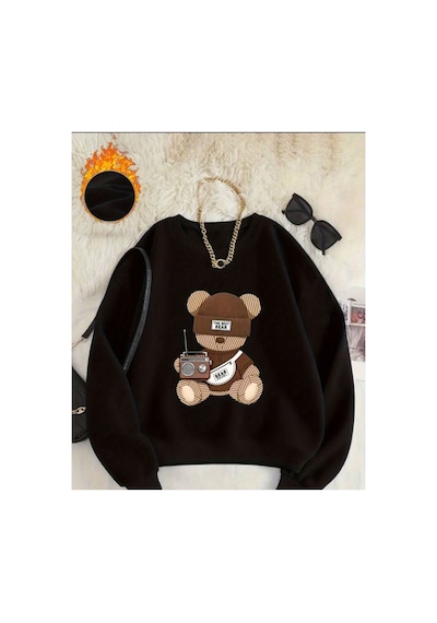 Herkesemoda The Best Bear Baskı Detaylı Bisiklet Yaka Sweatshirt Siyah